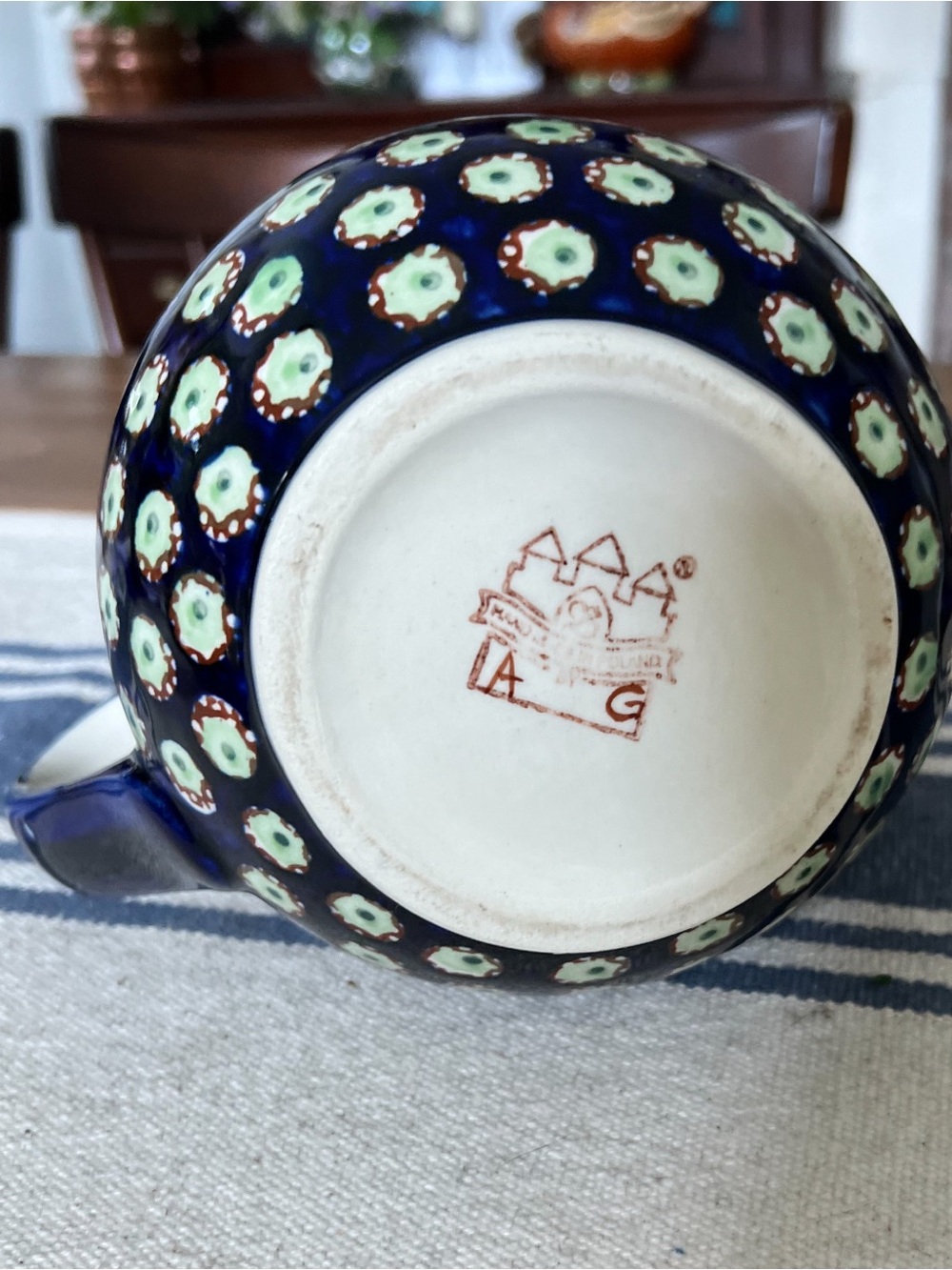 Boleslawiec Polish Pottery Pitcher 6.5” Hand Painted Peacock Eye Leaf Vase - Picture 6 of 7